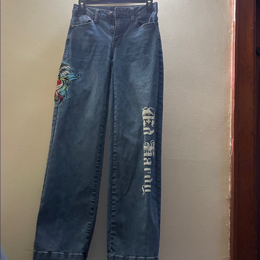 Ed Hardy Women's Brave Hearts Stay True Eagle Wide Leg Jeans Med Vintage Wash 24 - Picture 2 of 15